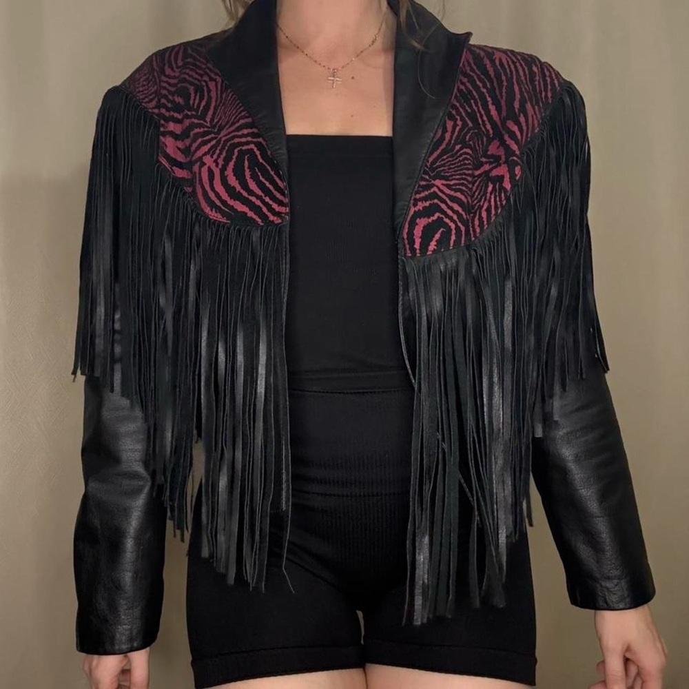 Vintage 80s Black and Pink Zebra Pattern Fringe Leather Jacket